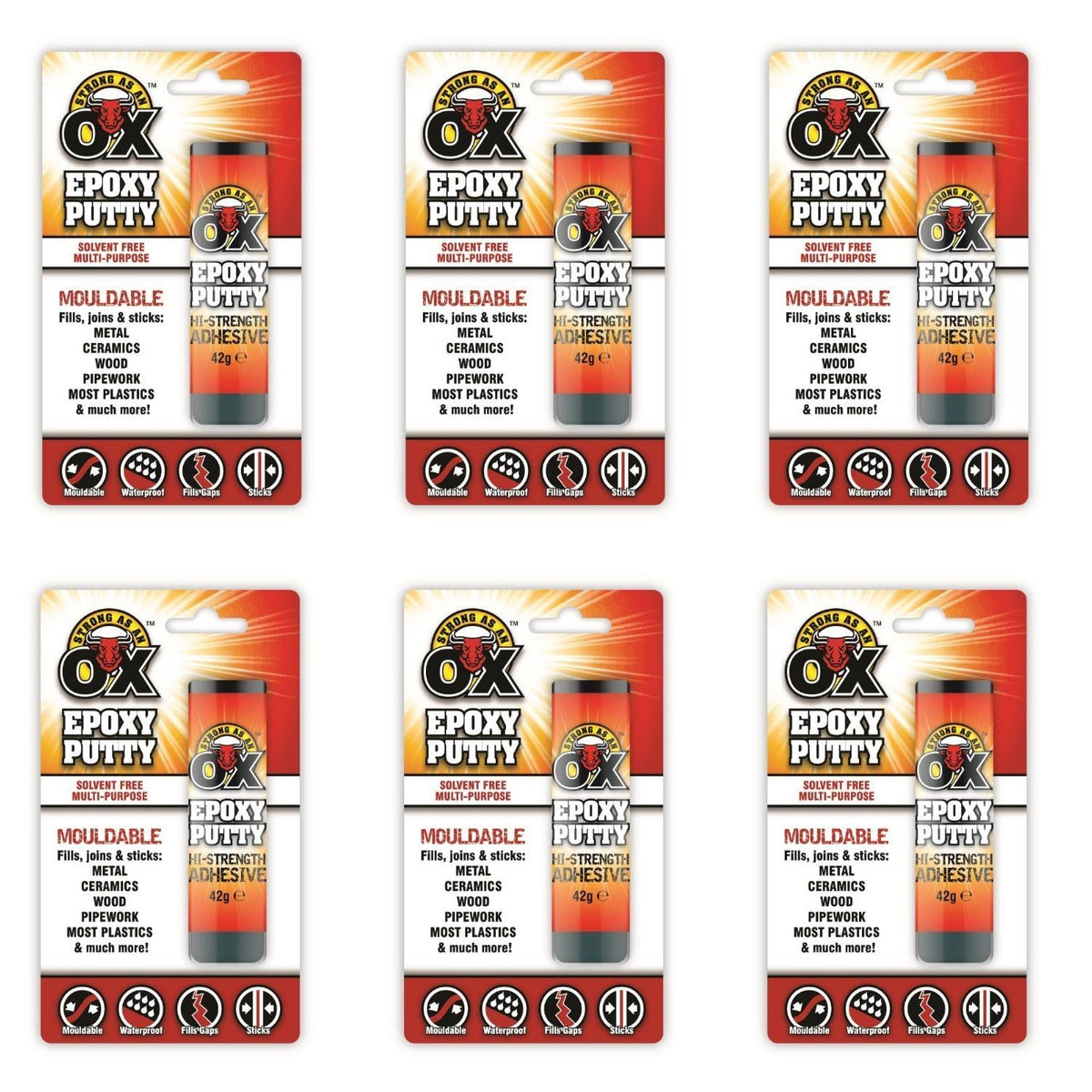 6X - STRONG AS AN OX Durable Epoxy Putty Metal Plastic Filler 42G