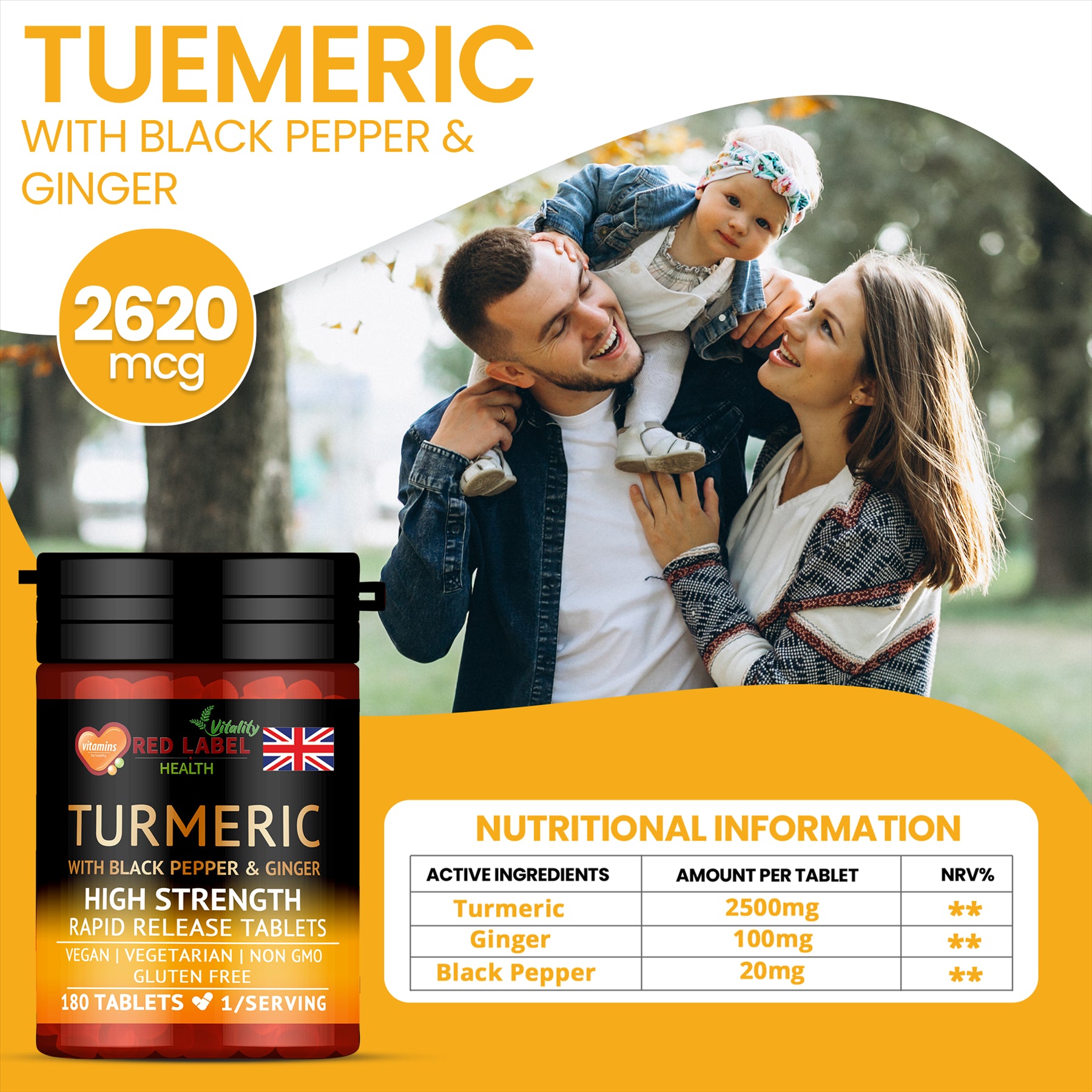 Turmeric with Black Pepper & Ginger 180 Tablets - 2620mg Turmeric
