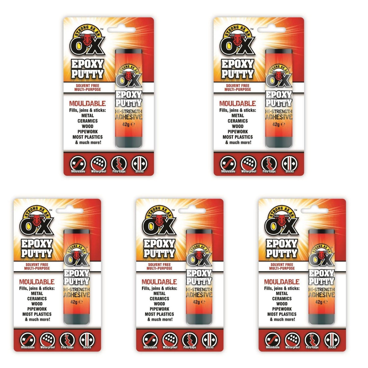 5X - STRONG AS AN OX Durable Epoxy Putty Metal Plastic Filler 42G