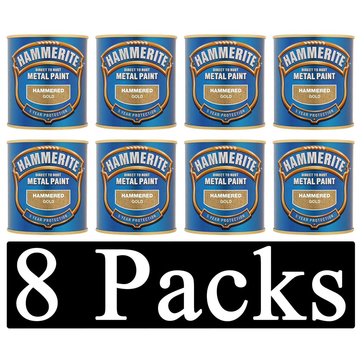 8X Hammerite Hammered Gold Paint 250ml Tin Paint