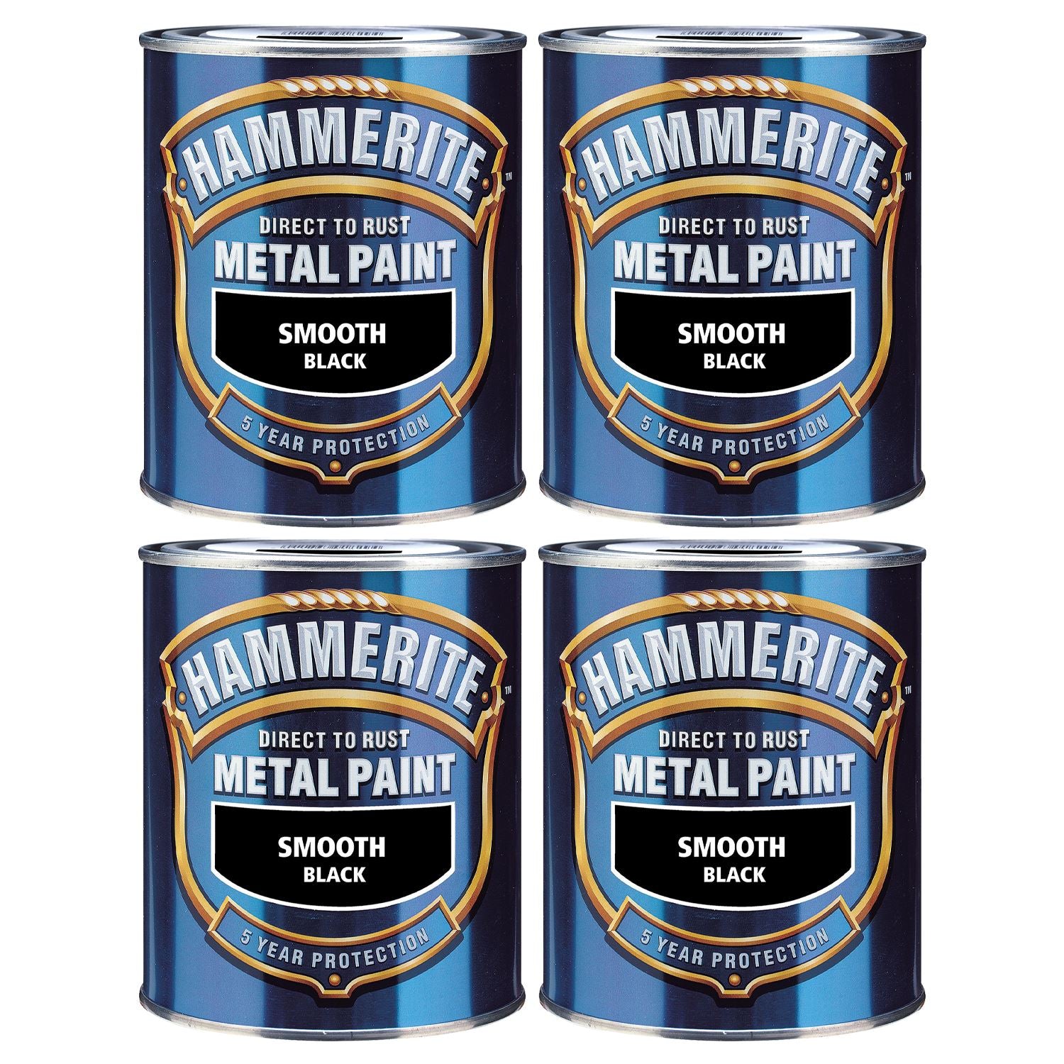 4X Hammerite Smooth Black Paint 750ml Tin Paint