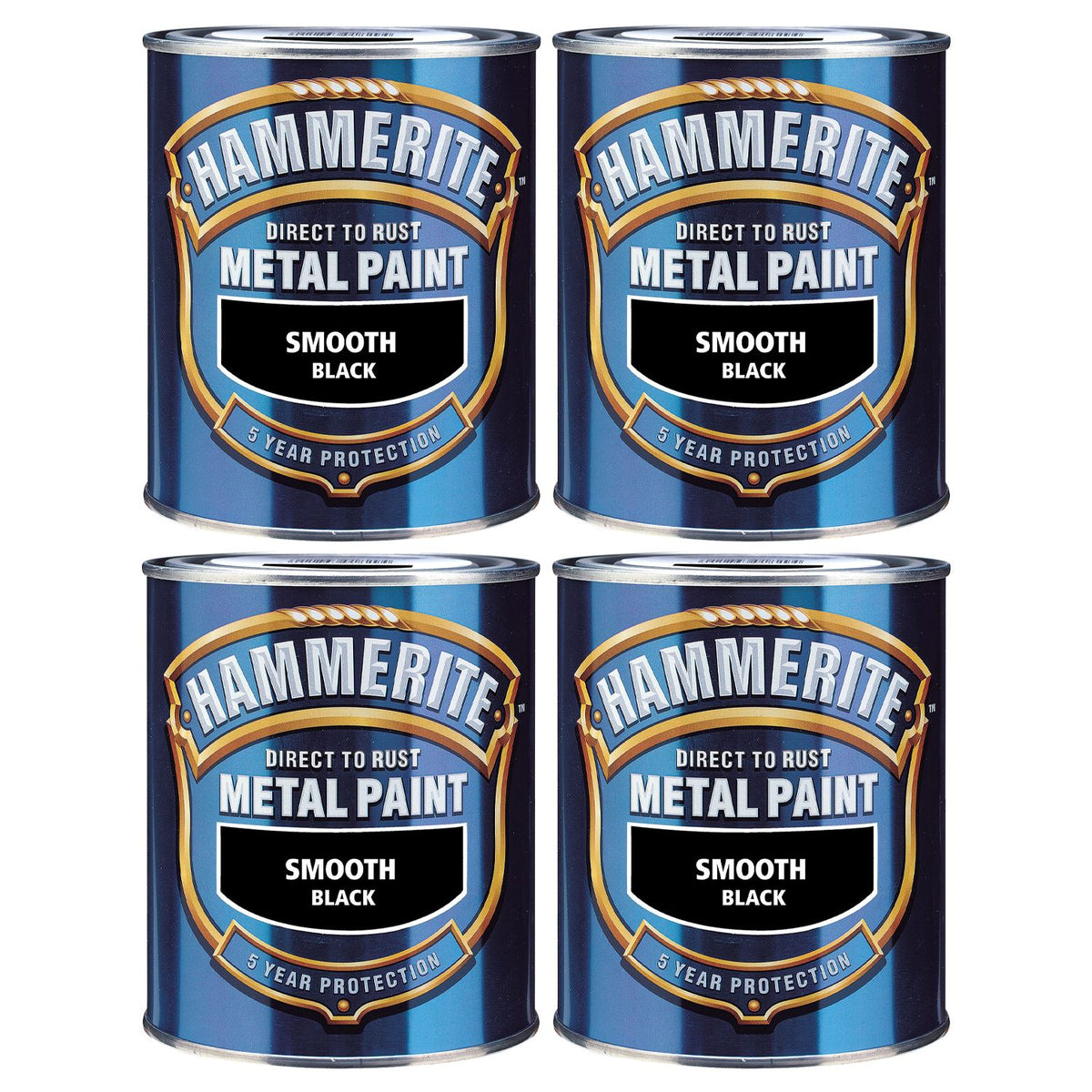 4X Hammerite Smooth Black Paint 750ml Tin Paint