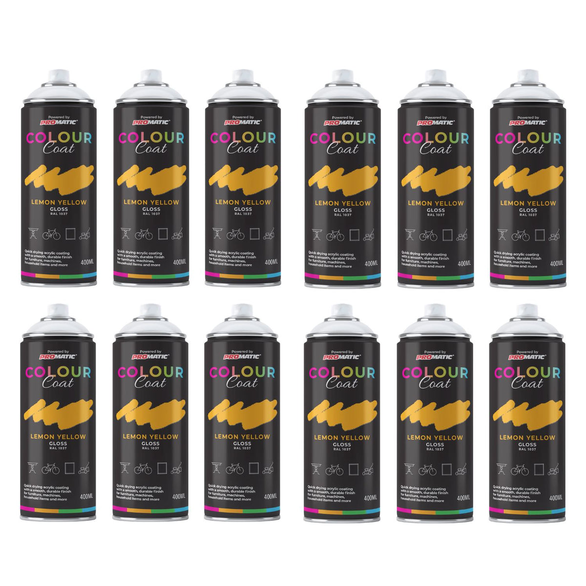 12X Lemon Yellow RAL 1037 Gloss Spray Paint 400ml