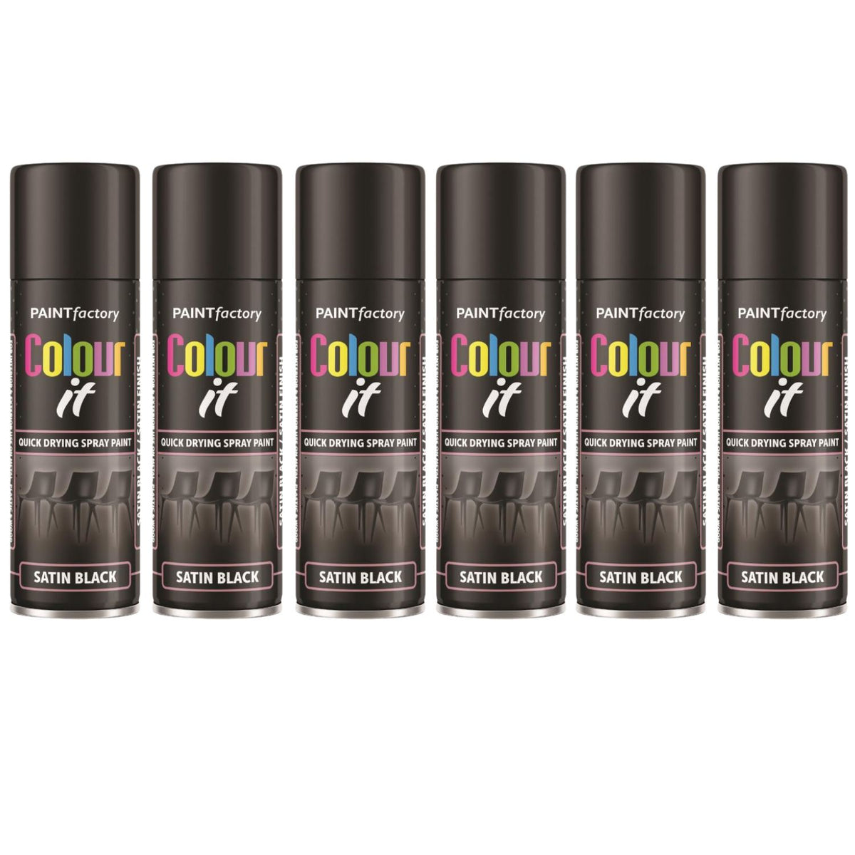6X Paint Factory Black Satin Spray Paint 250ml