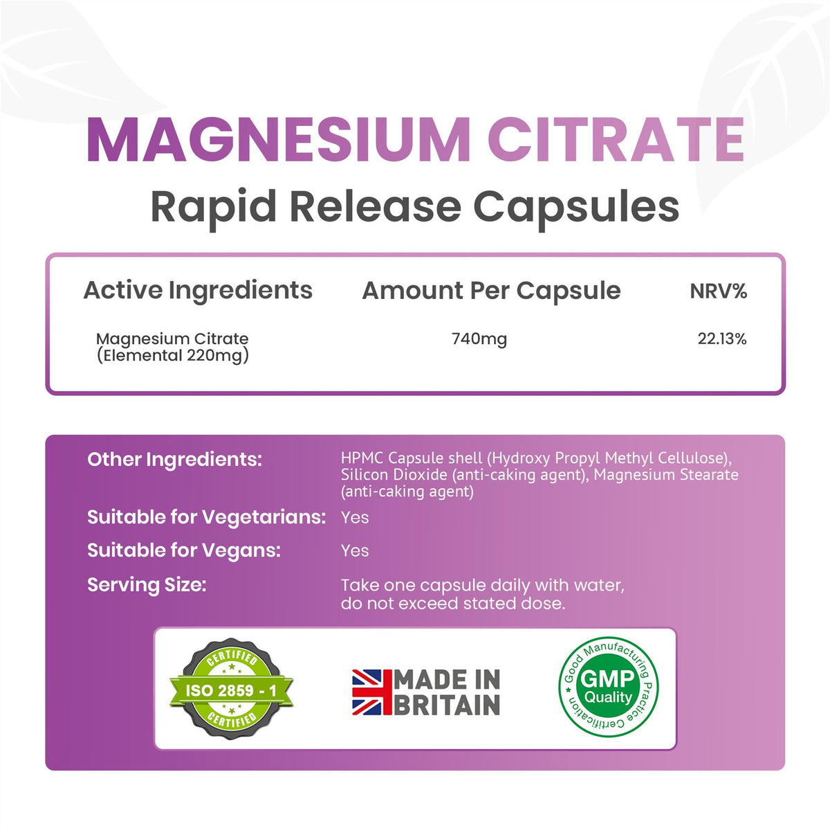 Magnesium Citrate 740mg - 90 Capsules High Strength Fatigue & PMS