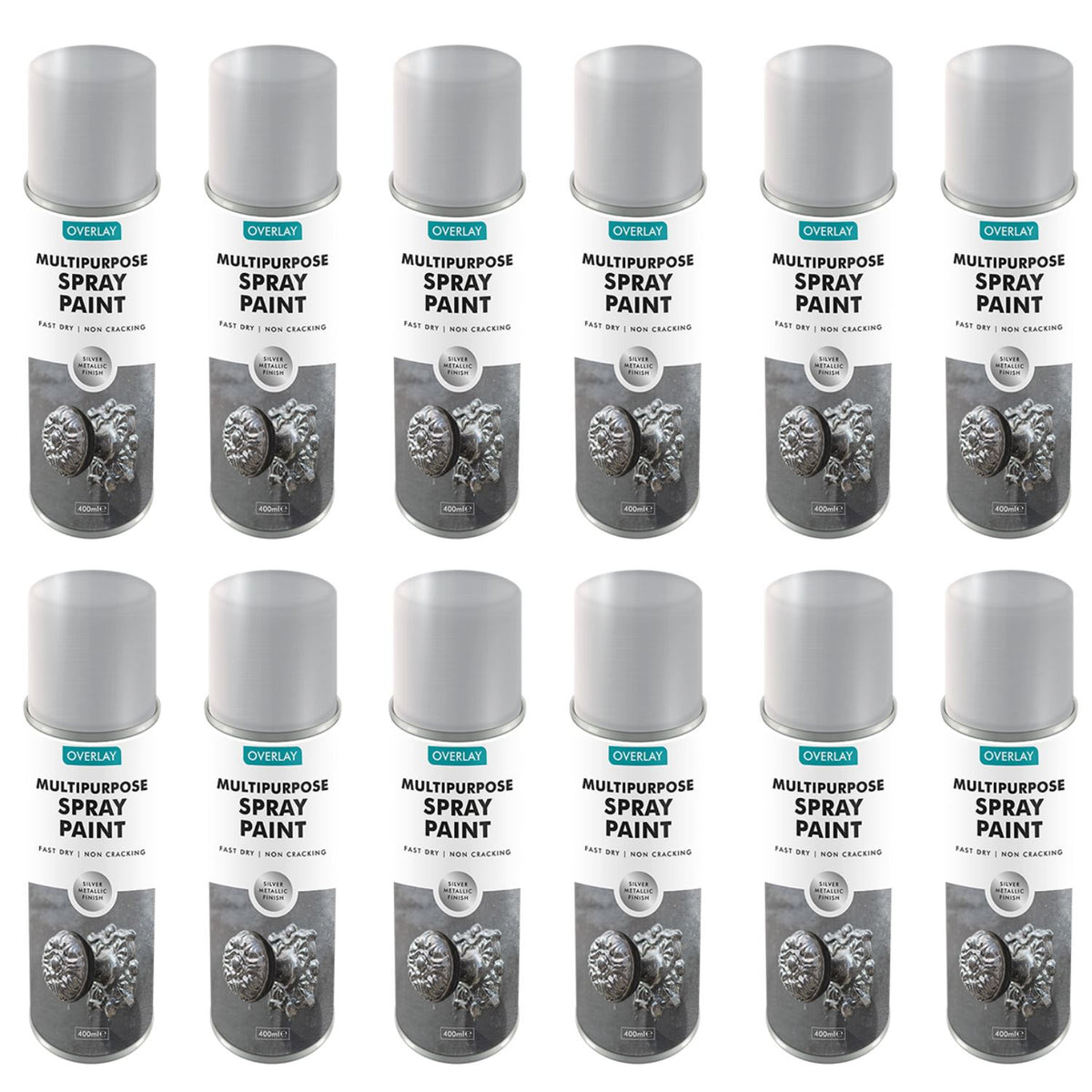 12X Overlay Silver Metallic 400ml Professional Spray Paint