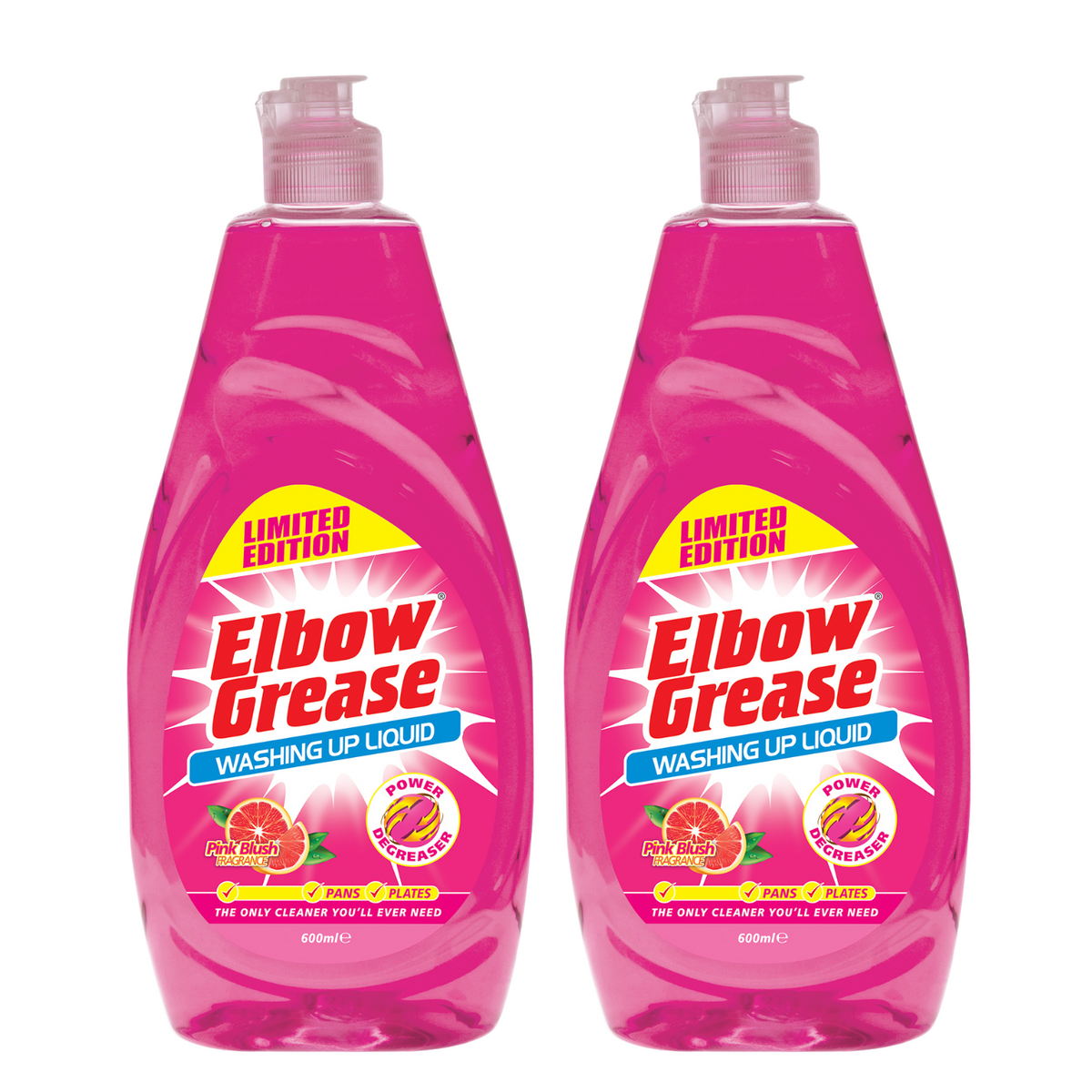 2X Elbow Grease Washing Up Liquid, Pink Blush Fresh 600ml Power Degreaser