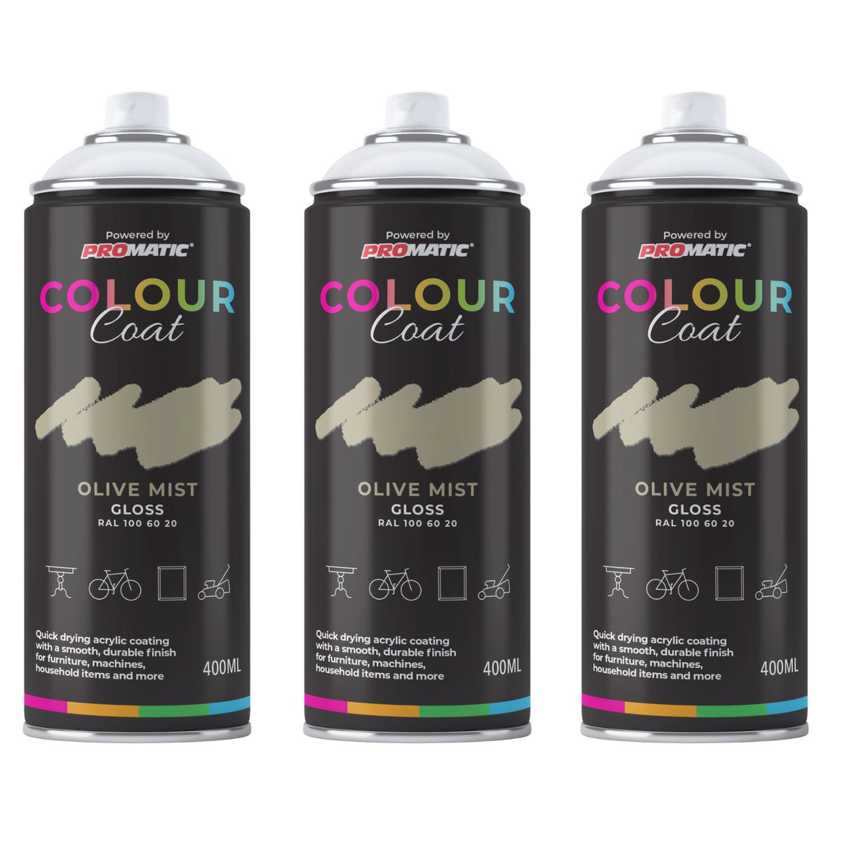 3X Olive Mist RAL 100 60 20 Gloss Spray Paint 400ml