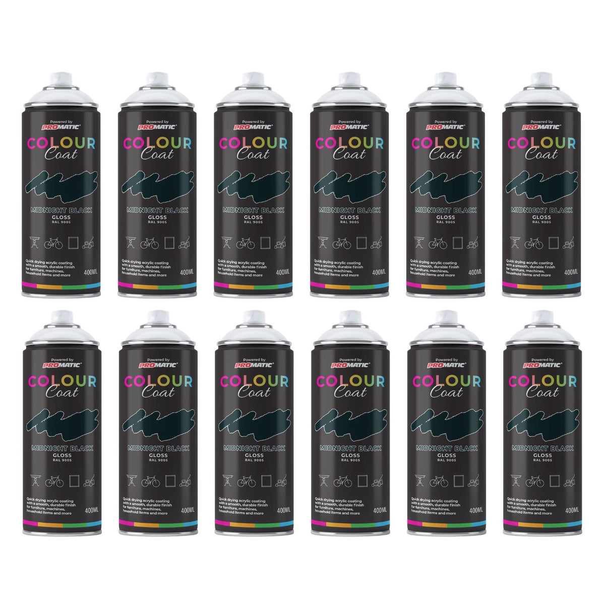 12X Midnight Black RAL 9005 Gloss Spray Paint 400ml