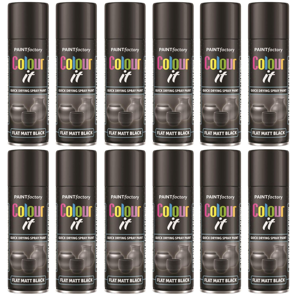 12X Paint Factory Flat Matt Black Spray Paint 250ml
