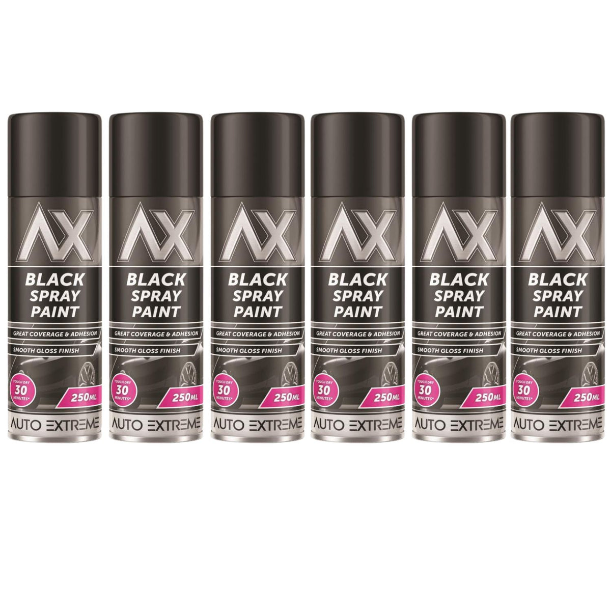 6X Auto Extreme Black Gloss Spray Paint 250ml