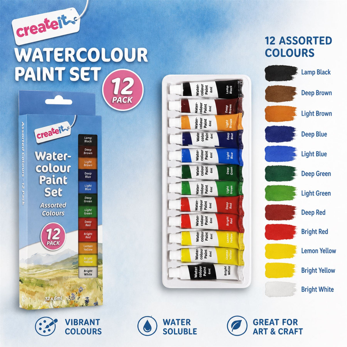 12X - Watercolour Paint Tube Set, 12 Colour 6ml Each