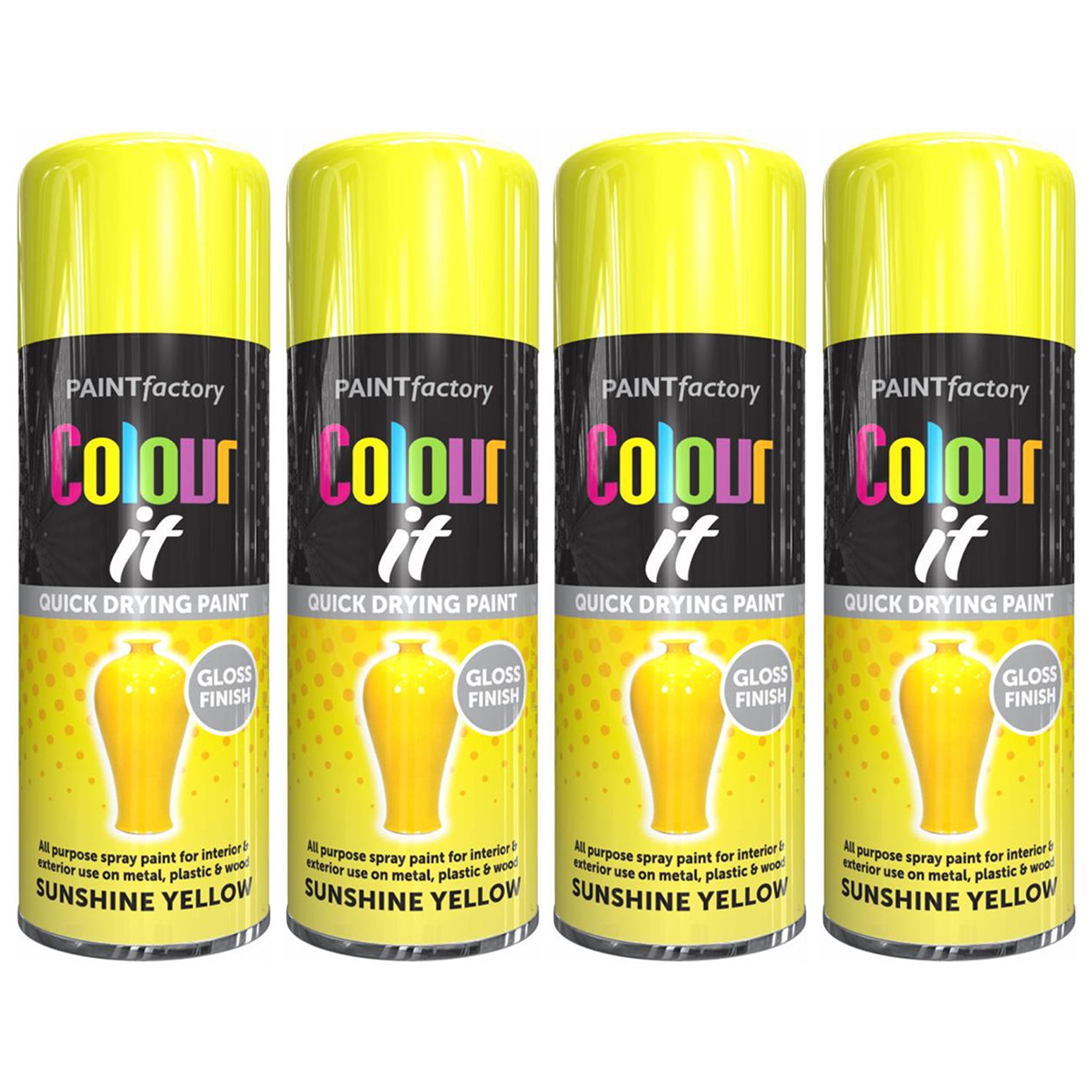 4X Paint Factory Sunshine Yellow Gloss Spray Paint 250ml Spray Paint