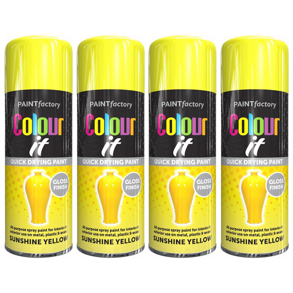 4X Paint Factory Sunshine Yellow Gloss Spray Paint 250ml Spray Paint