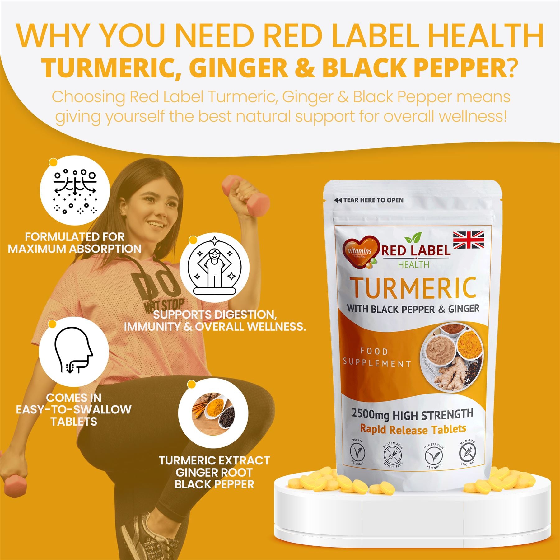 Turmeric with Black Pepper & Ginger 120 Tablets - 2620mg Turmeric