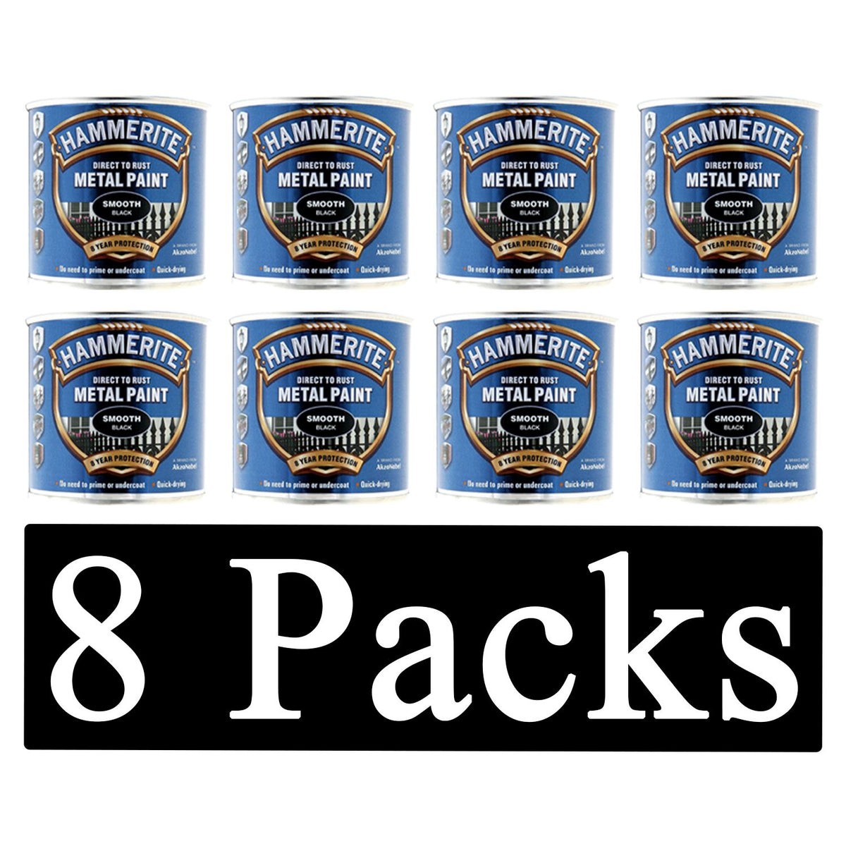 8X Hammerite Smooth Black Paint 250ml Tin Paint