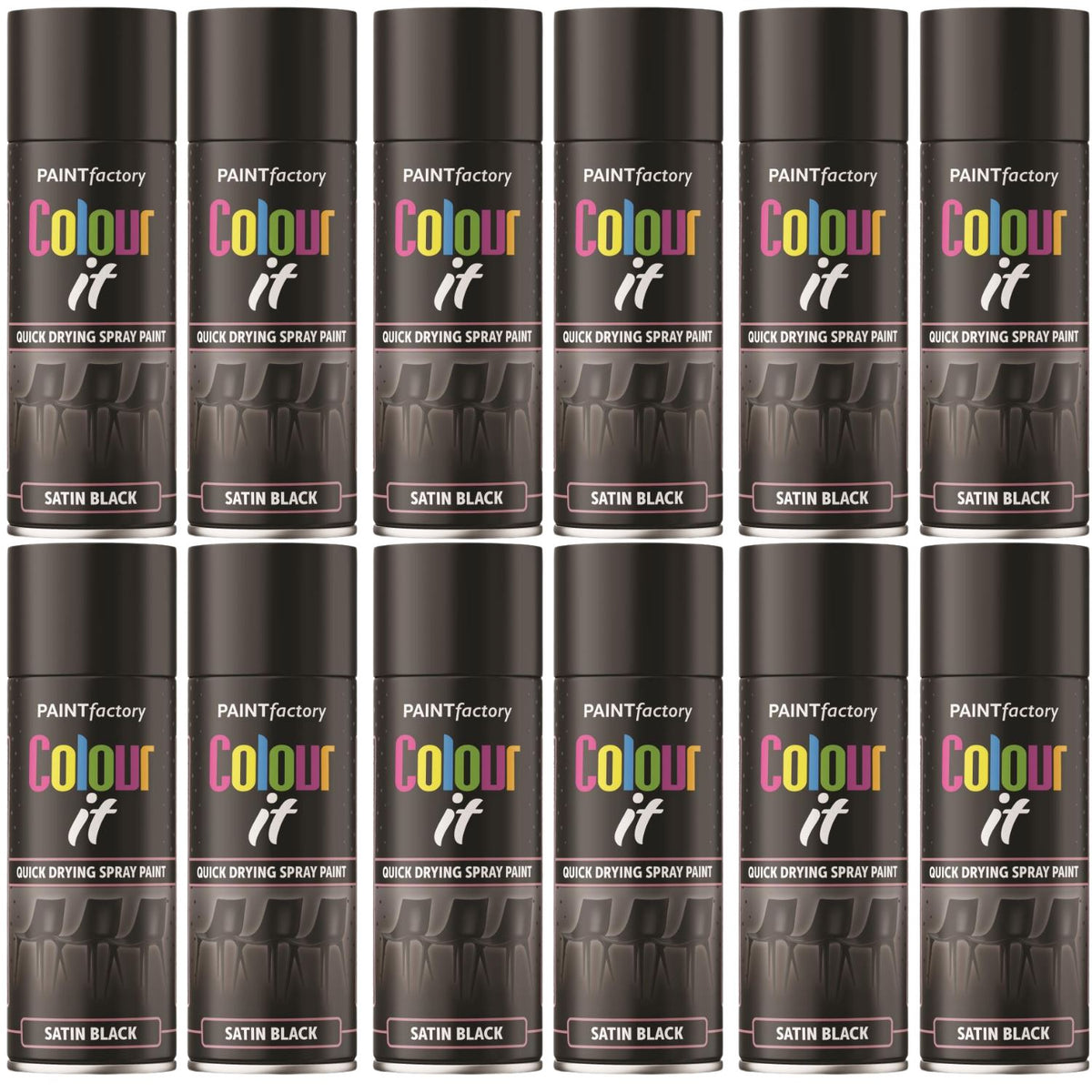12X Paint Factory Black Satin Spray Paint 400ml