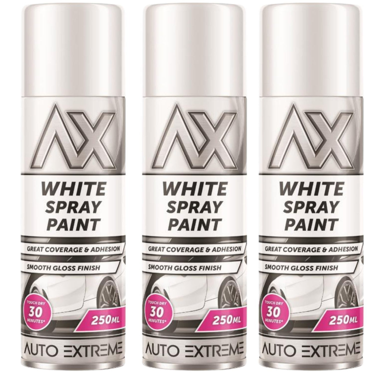 3X Auto Extreme White Gloss Spray Paint 250ml