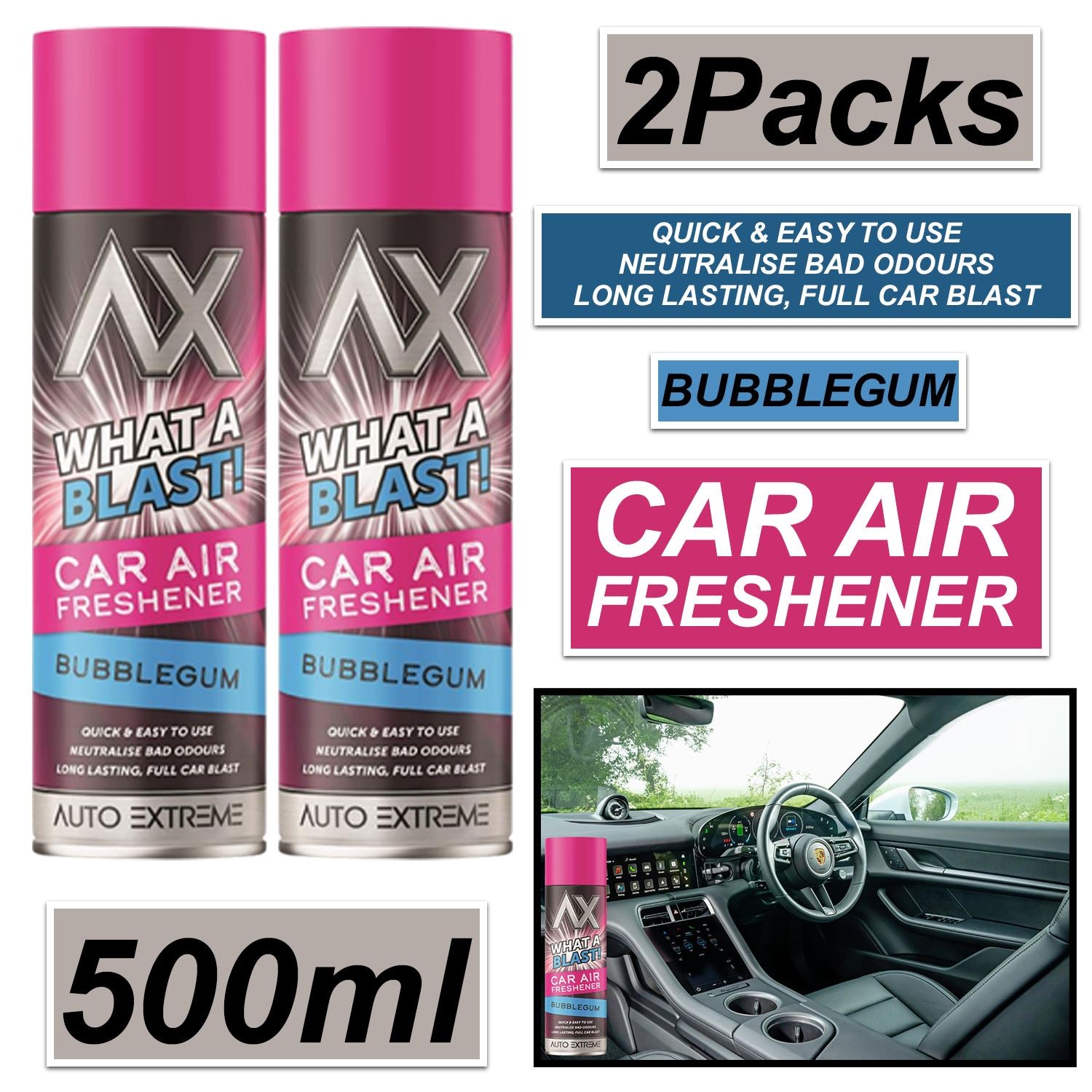 2X - What A Blast! Bubblegum Car Air Freshener Spray 500ml Car Air Freshener