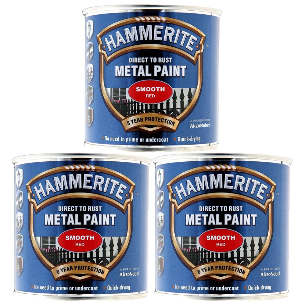 3X Hammerite Smooth Red Paint 250ml Tin Paint