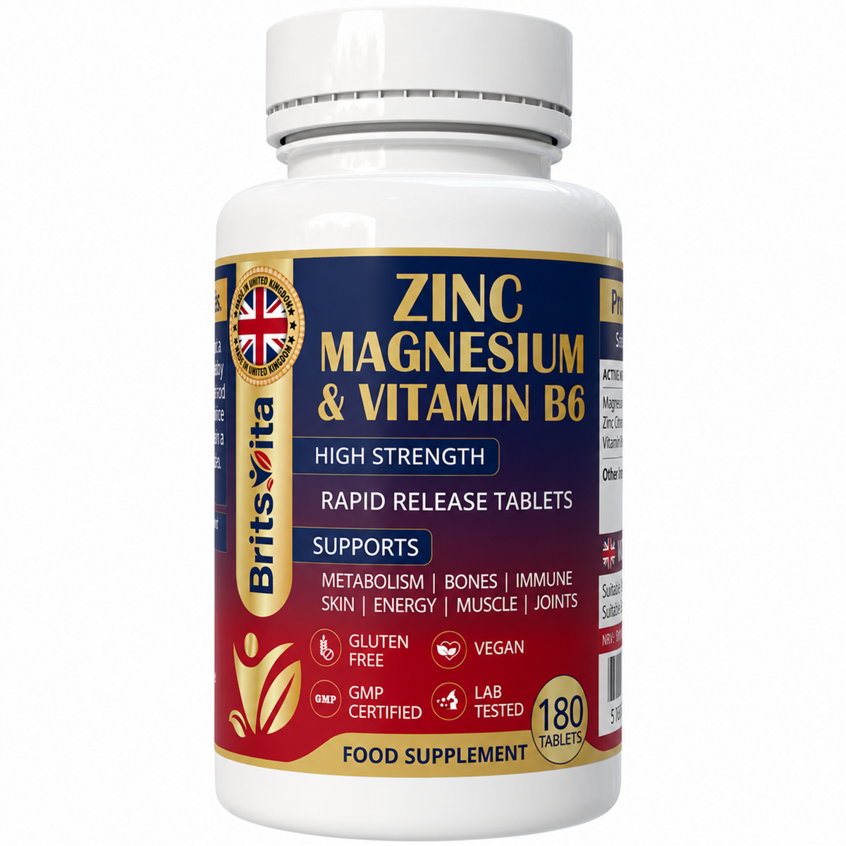 Brits Vita ZMA 180 Tablets Zinc Magnesium Vitamin B6 Testosterone Booster - Vegan UK