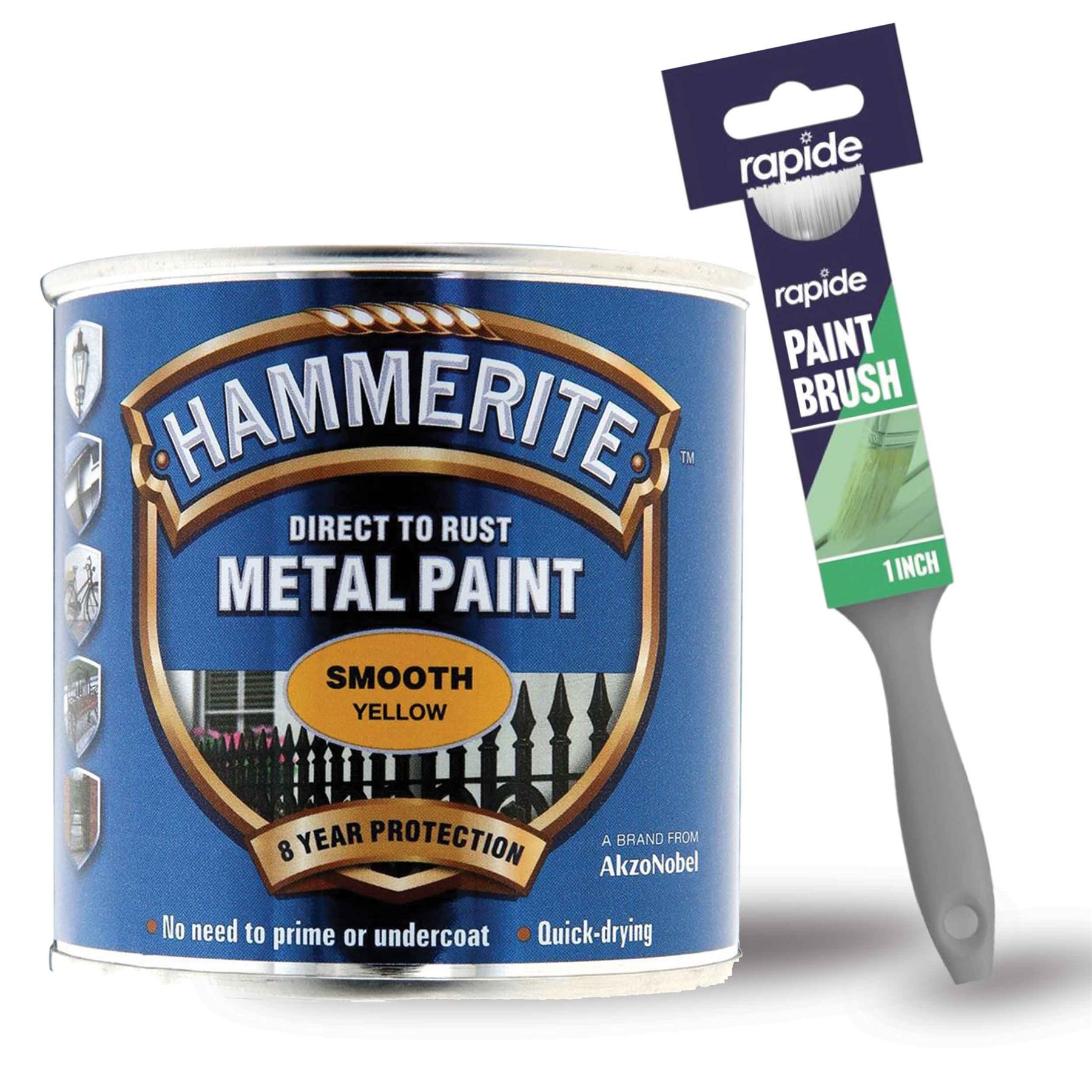 Hammerite Smooth Yellow Metal Paint 250ml With 1" Paint Brush
