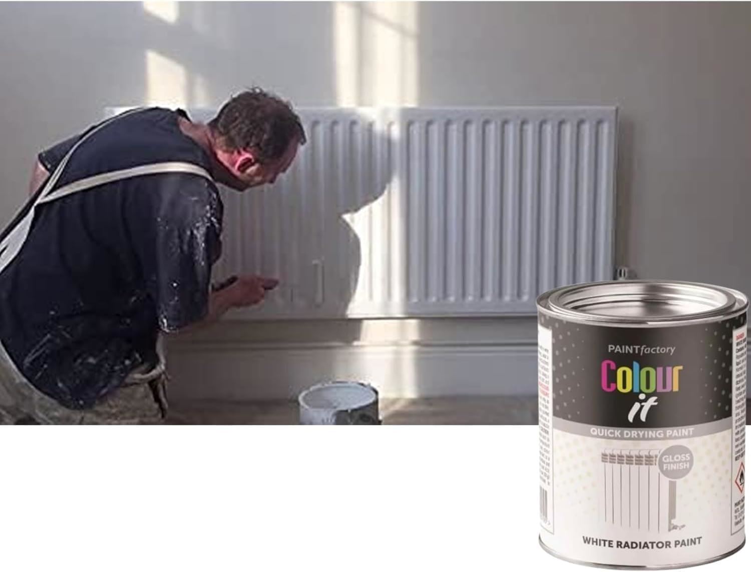 A person applying white radiator gloss paint on a radiator with a can of Paint Factory Colour if in the foreground
