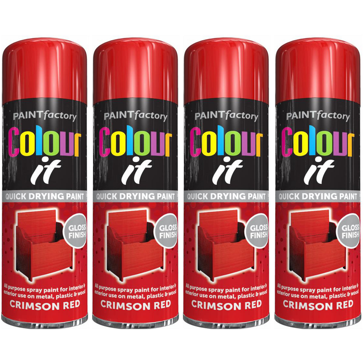4X Paint Factory Crimson Red Gloss Spray Paint 250ml Spray Paint