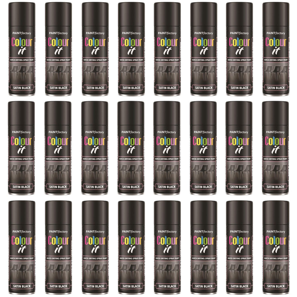 24X - Paint Factory Black Satin Spray Paint 250ml