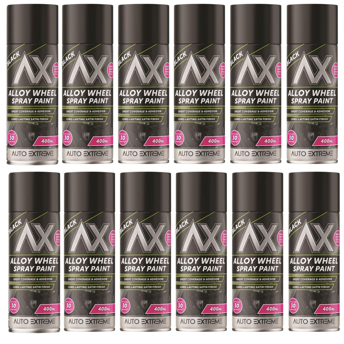 12X Auto Extreme Black Alloy Wheel Spray Paint 400ml