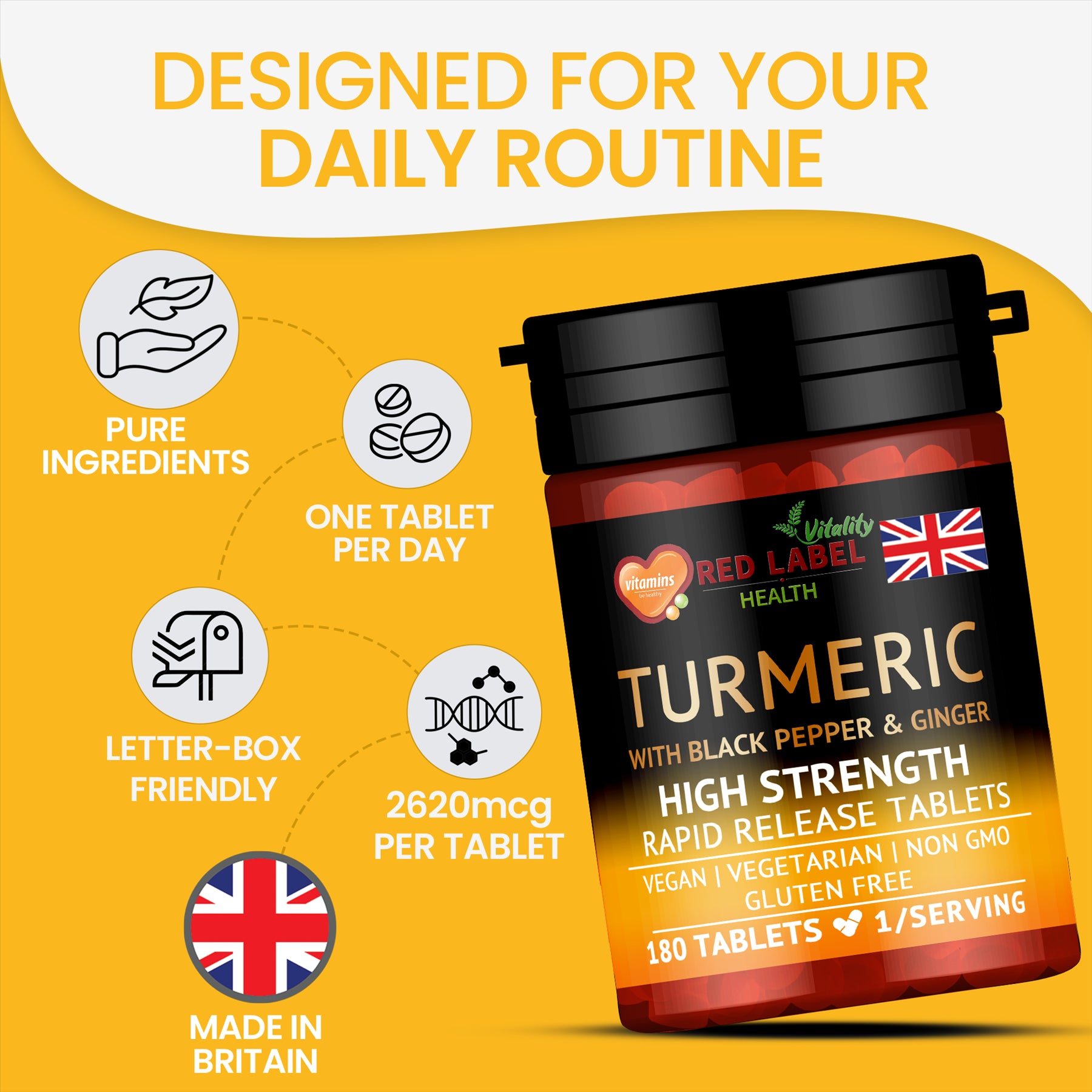 Turmeric with Black Pepper & Ginger 180 Tablets - 2620mg Turmeric