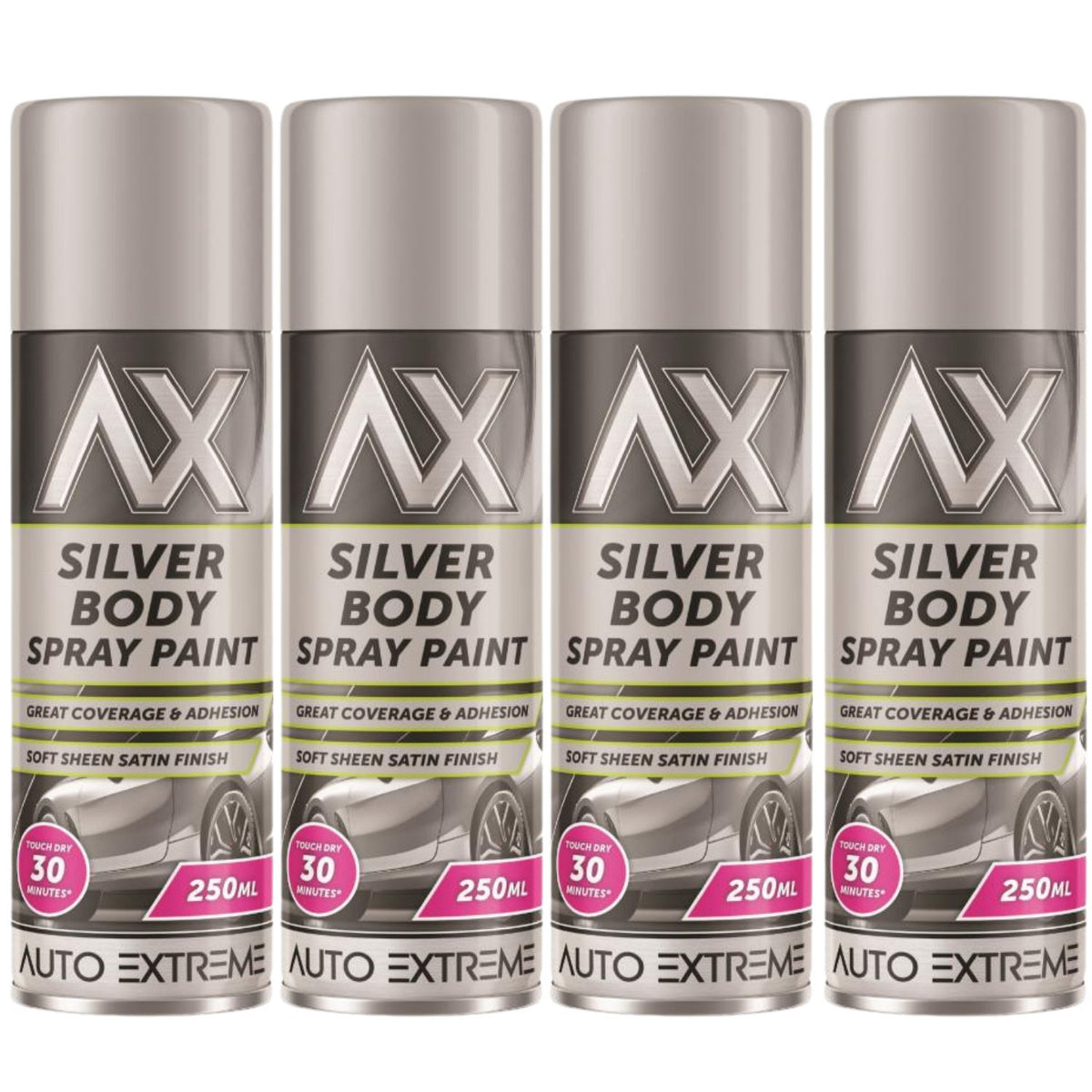 4X Auto Extreme Paint Silver Spray Paint 250ml