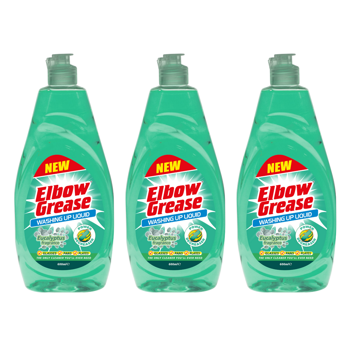 3X Elbow Grease Washing Up Liquid, Eucalyptus Fresh 600ml Power Degreaser