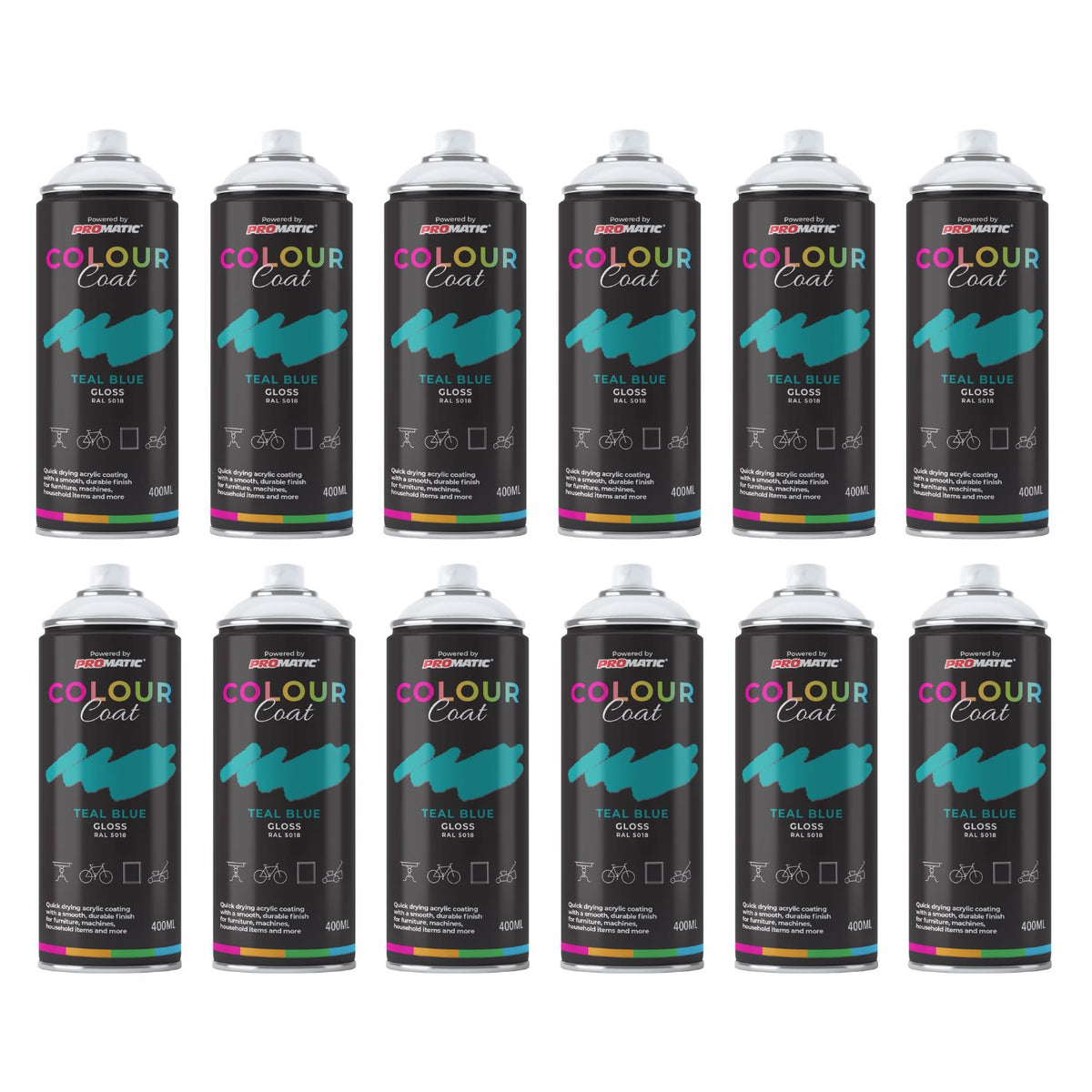 12X Teal Blue RAL 5018 Gloss Spray Paint 400ml