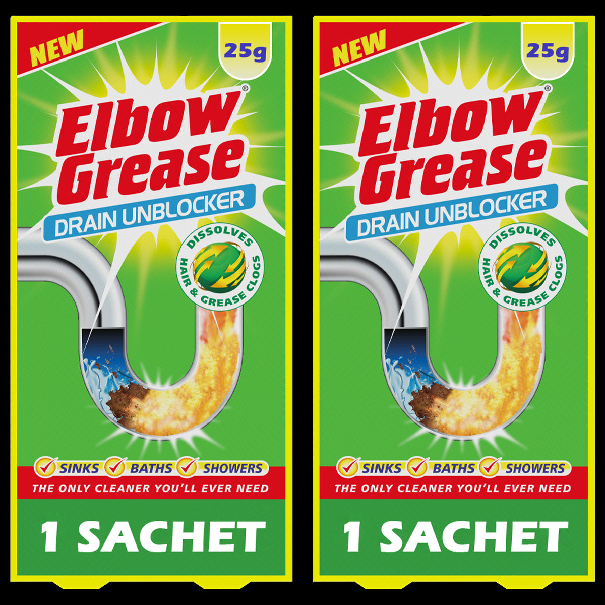 2X Drain Away Elbow Grease Sachets 25G Drain Cleaner