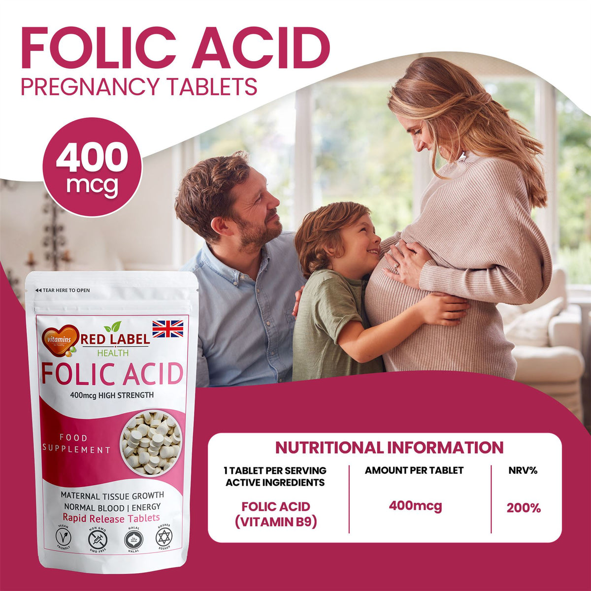 Folic Acid 400mcg - 180 Tablets Folic Acid