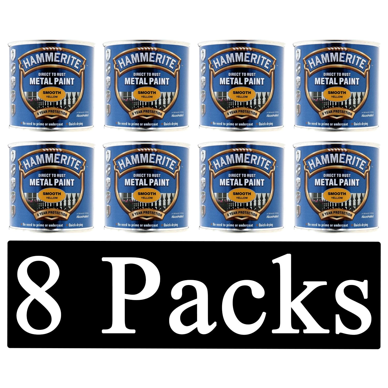 8X Hammerite Smooth Yellow Paint 250ml