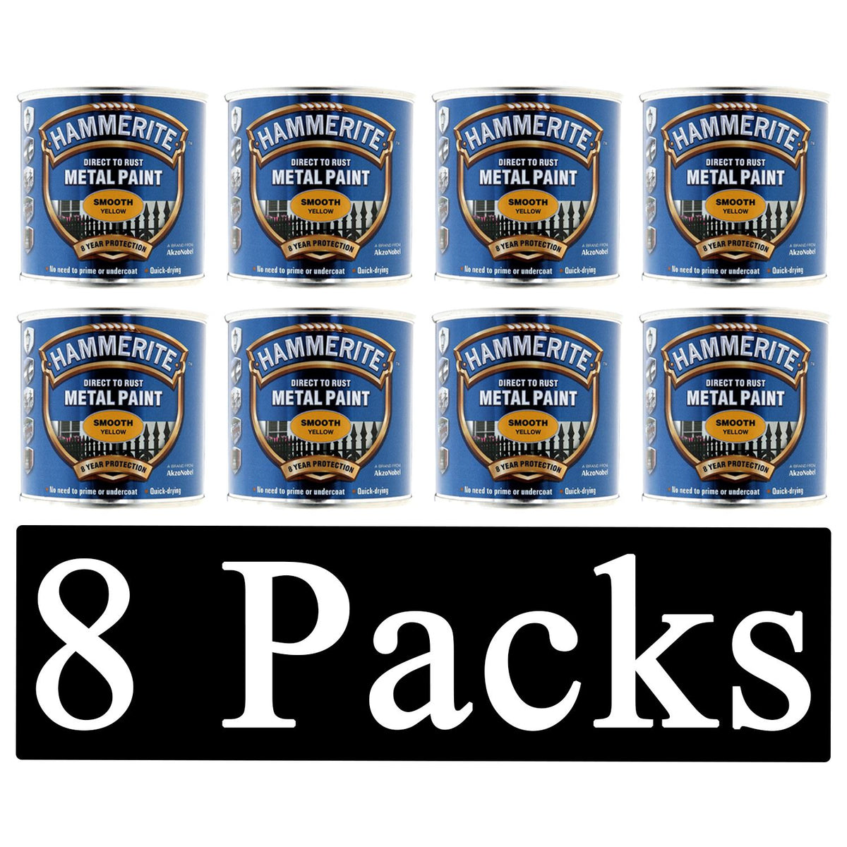 8X Hammerite Smooth Yellow Paint 250ml