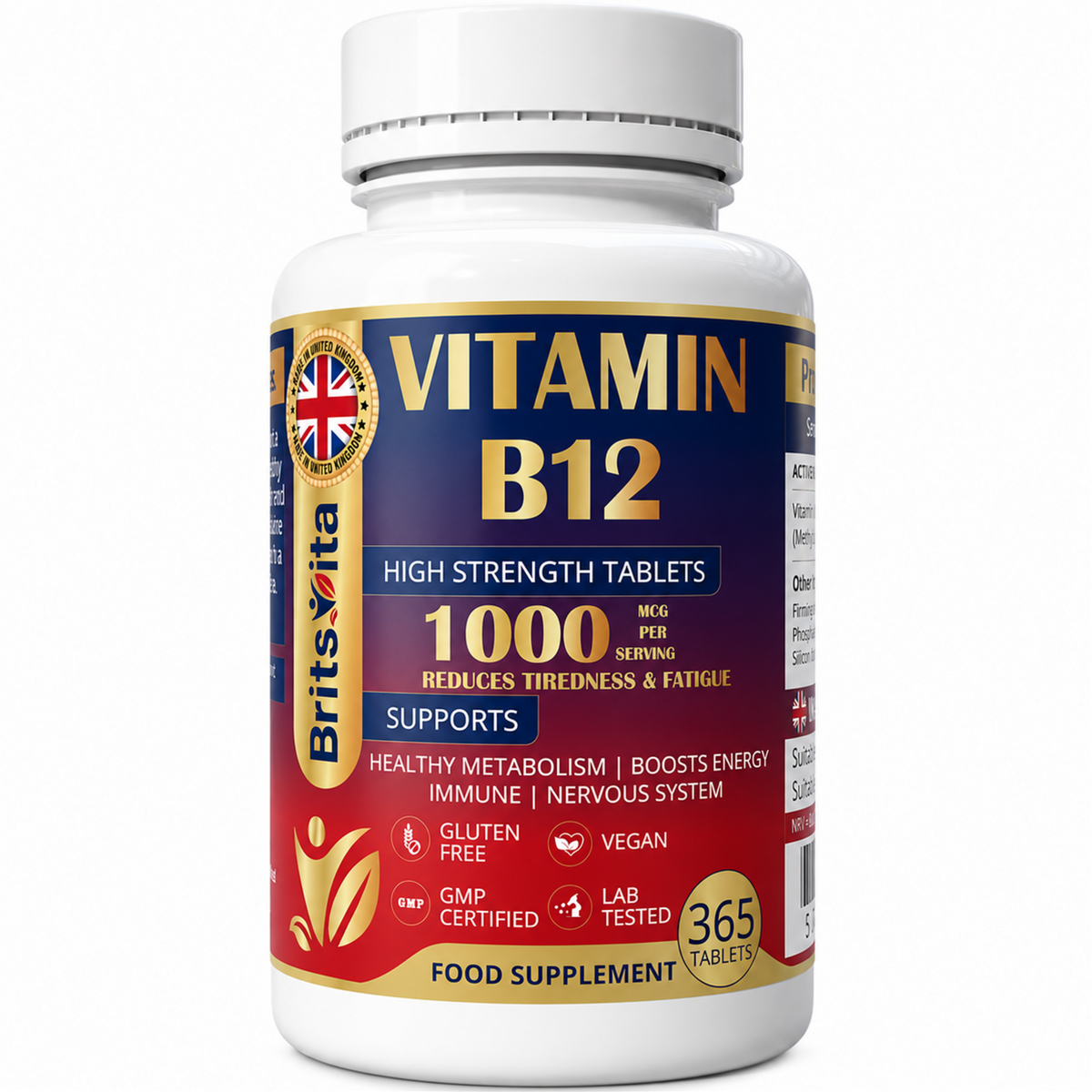 Brits Vita Vitamin B12 Tablets High Strength - 365 Tablets - 1000mcg Dual Power Vit B12