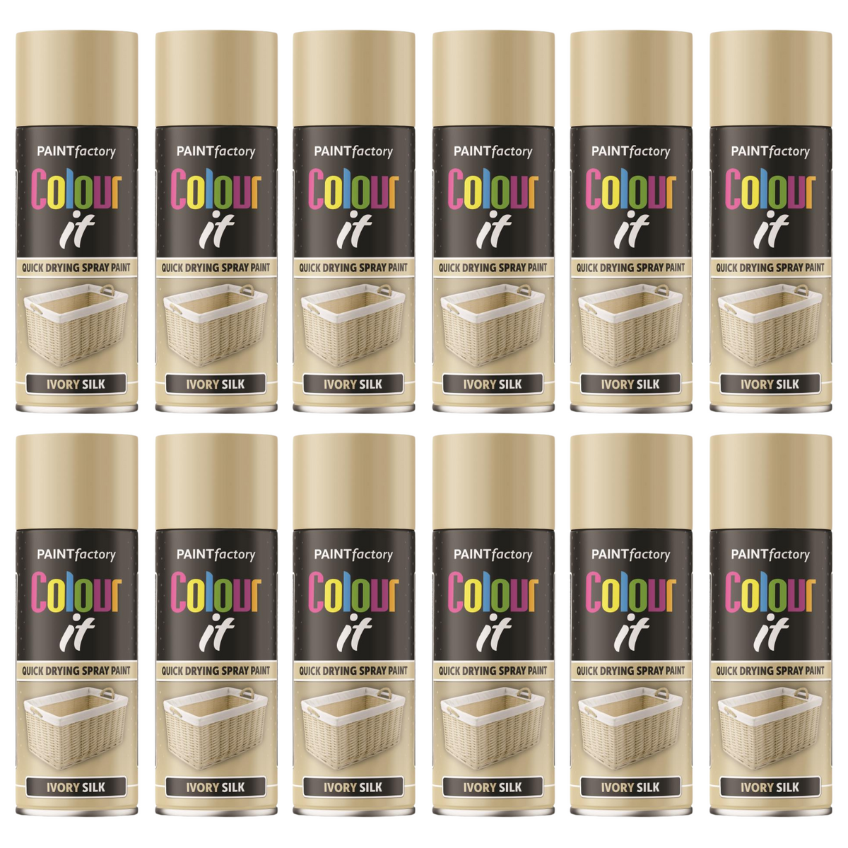 12X Paint Factory Ivory Silk Gloss Spray Paint 400ml