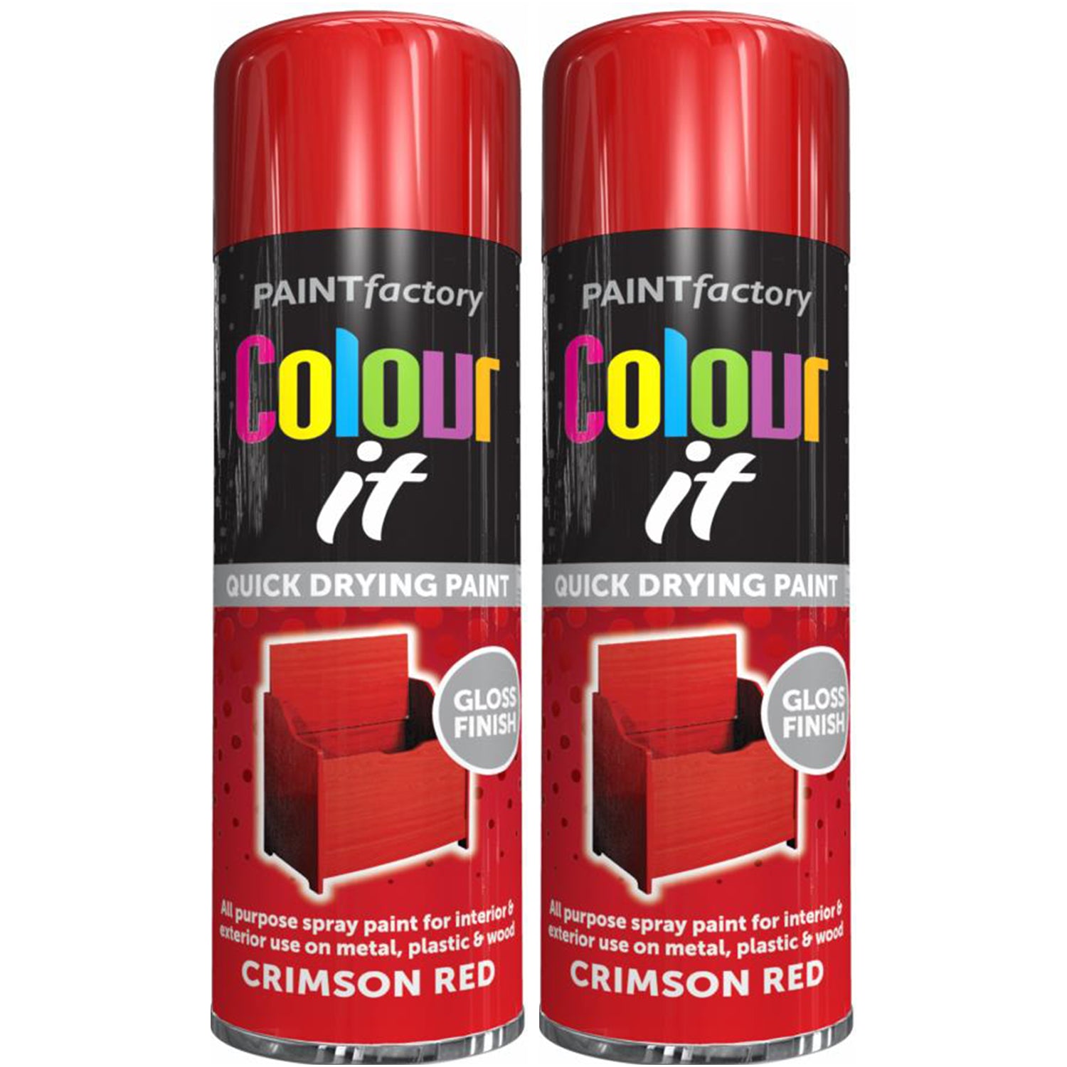2X Paint Factory Crimson Red Gloss Spray Paint 250ml Spray Paint