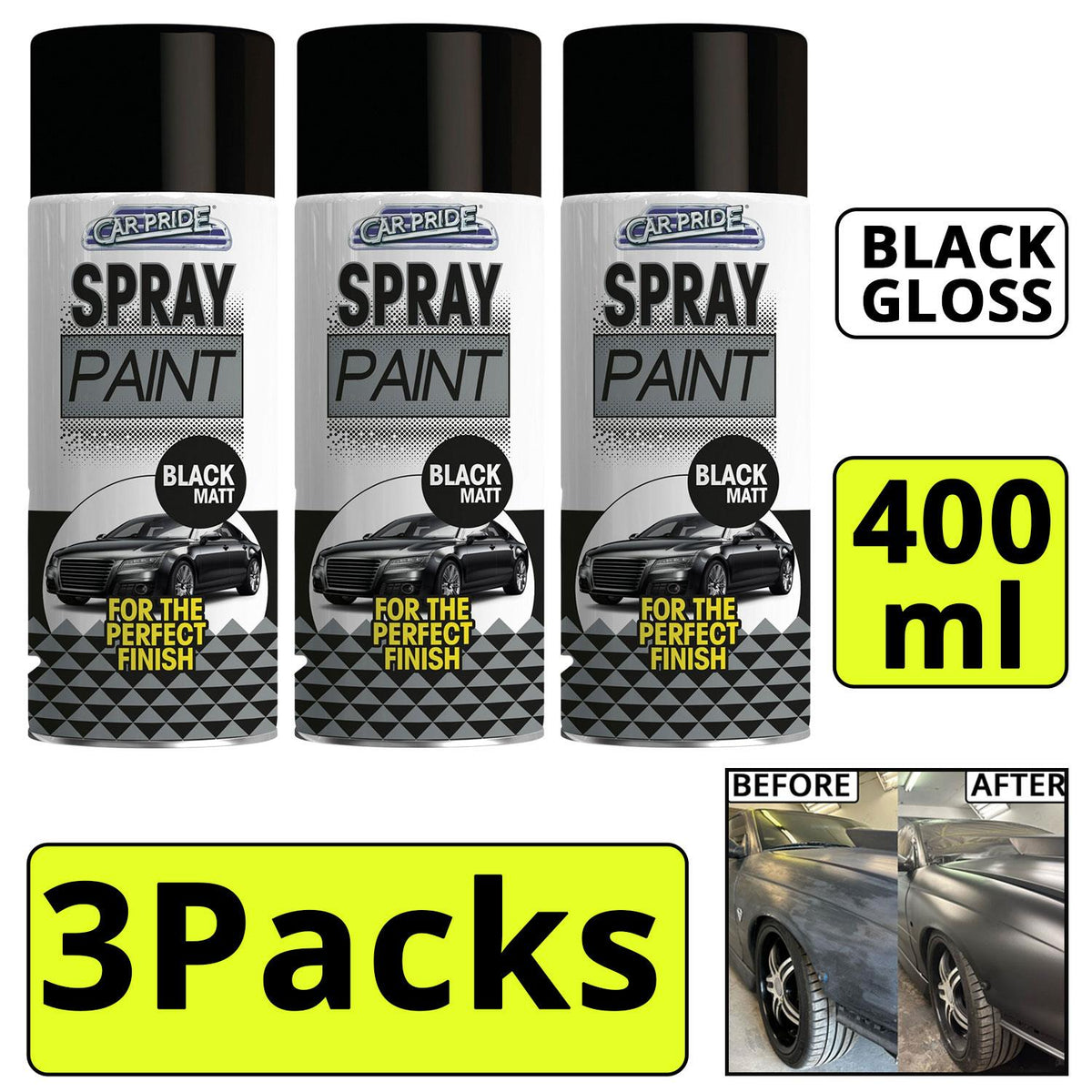 3X - Matt Black Car Spray 400ml