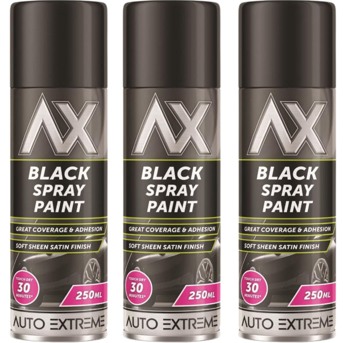 3X Auto Extreme Black Satin Spray Paint 250ml