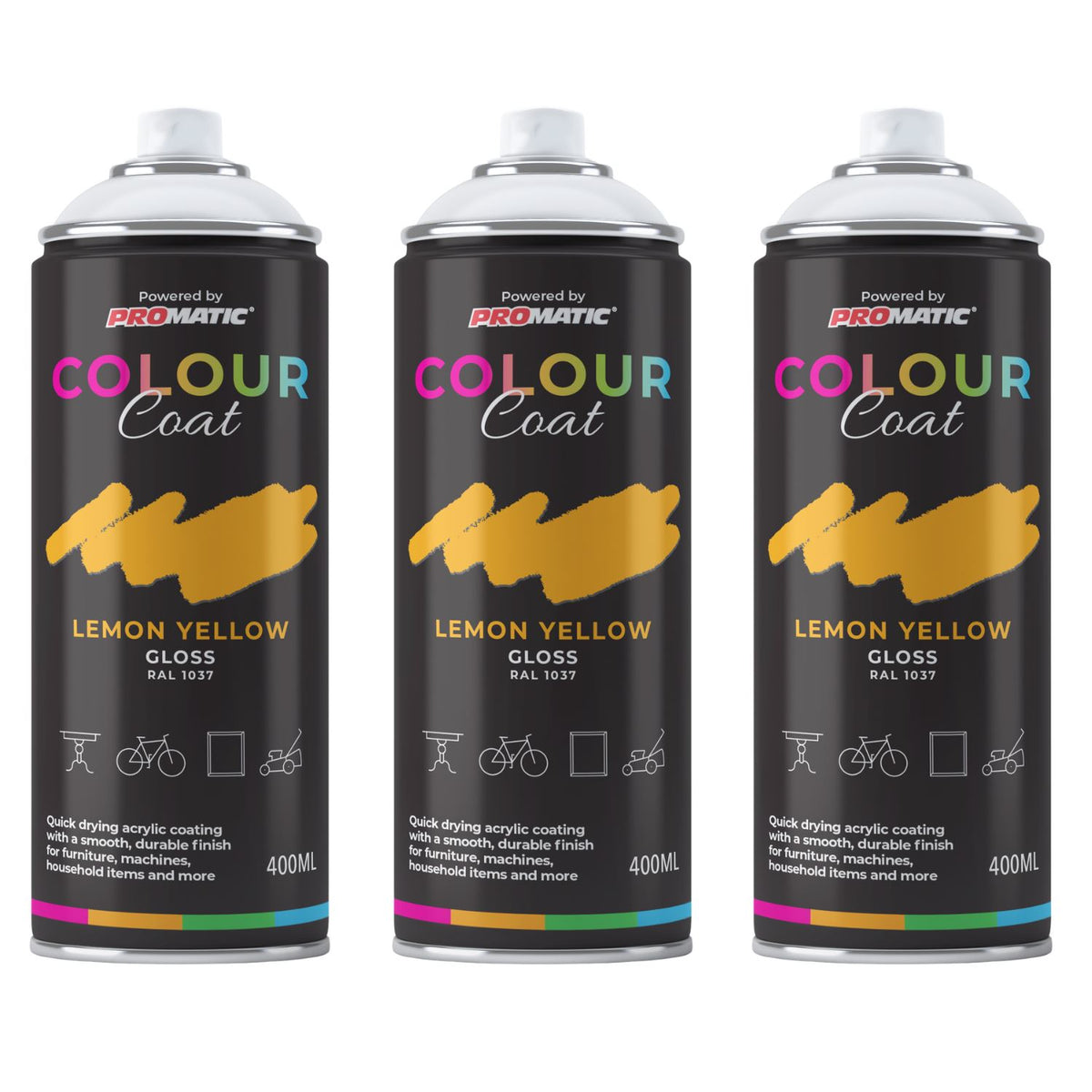 3X Lemon Yellow RAL 1037 Gloss Spray Paint 400ml
