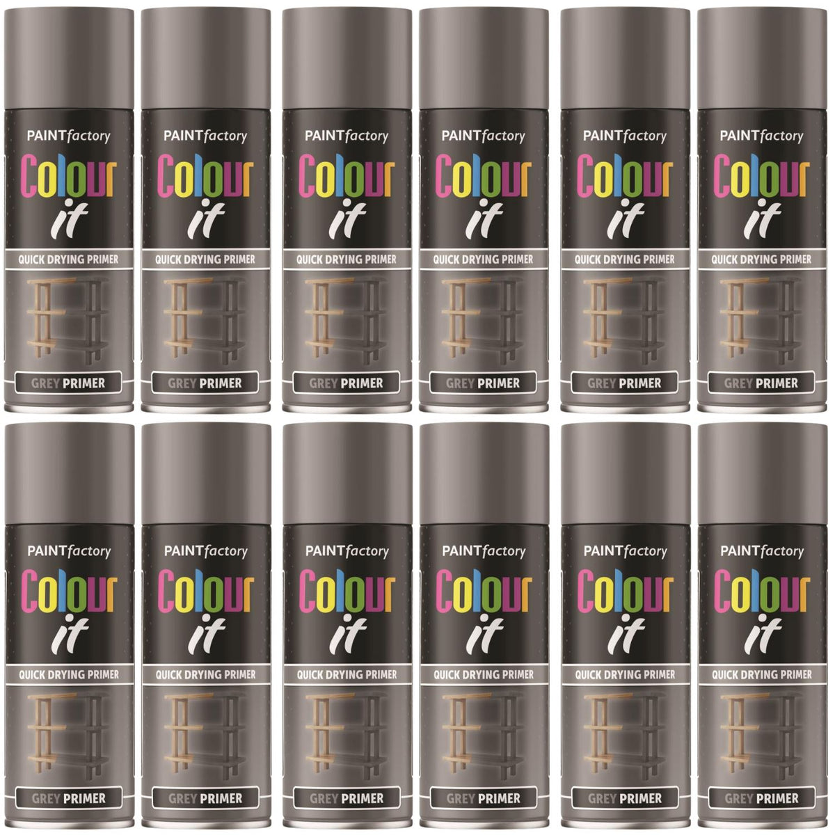 12X Paint Factory Grey Primer Spray Paint 400ml