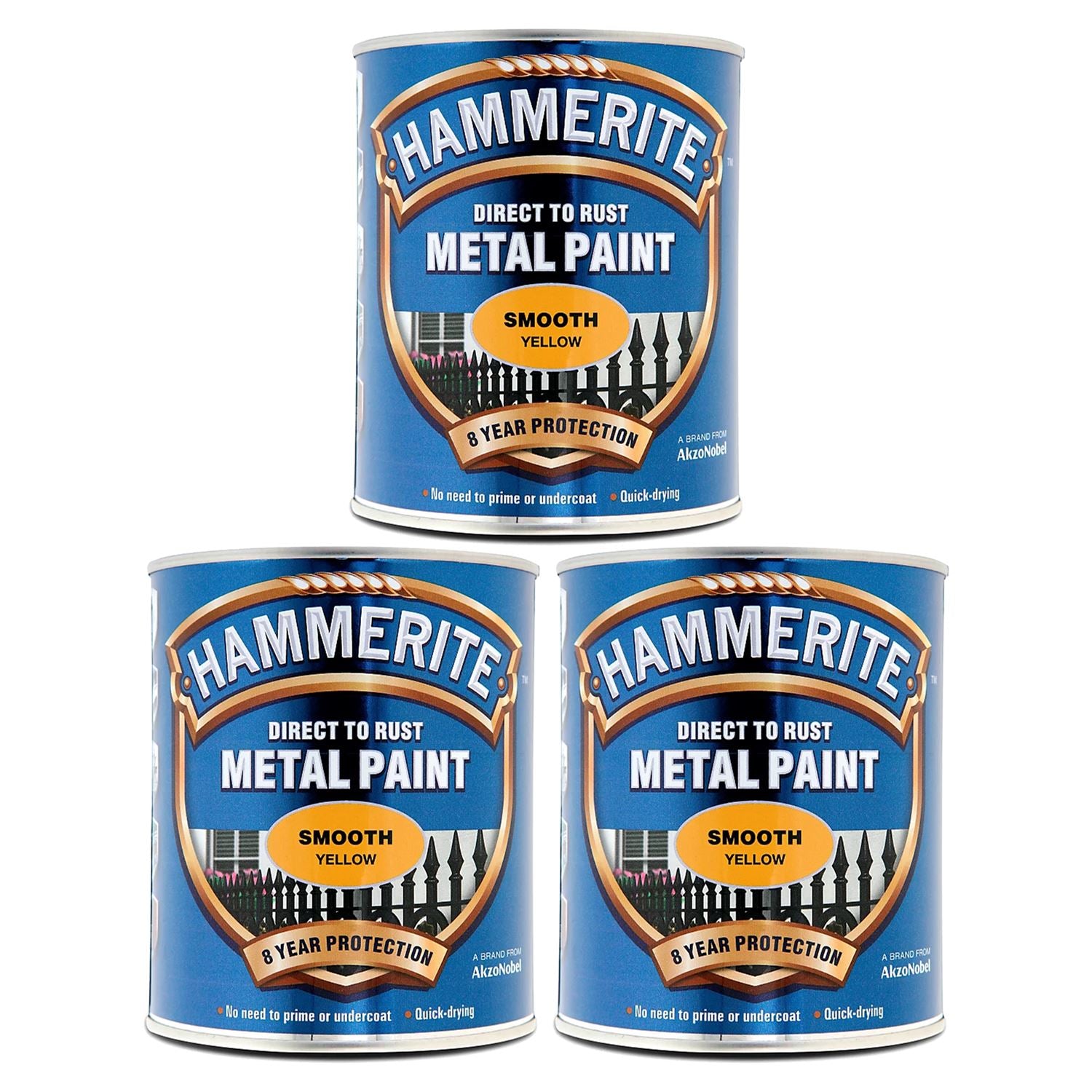 3X Hammerite Smooth Yellow Paint 750ml Tin Paint