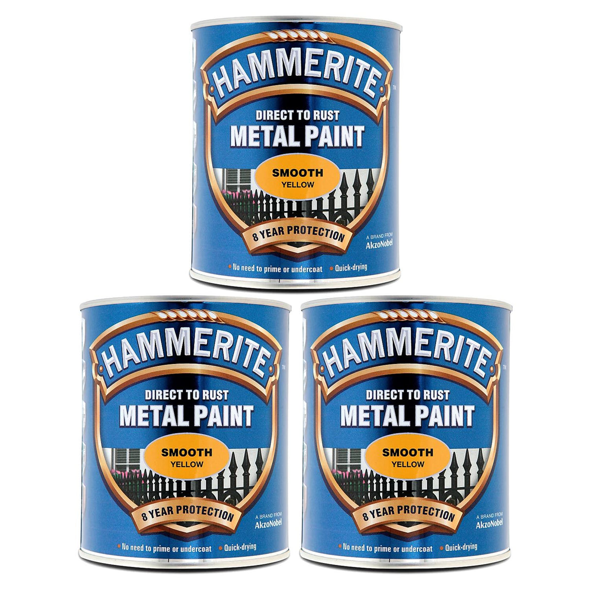 3X Hammerite Smooth Yellow Paint 750ml Tin Paint