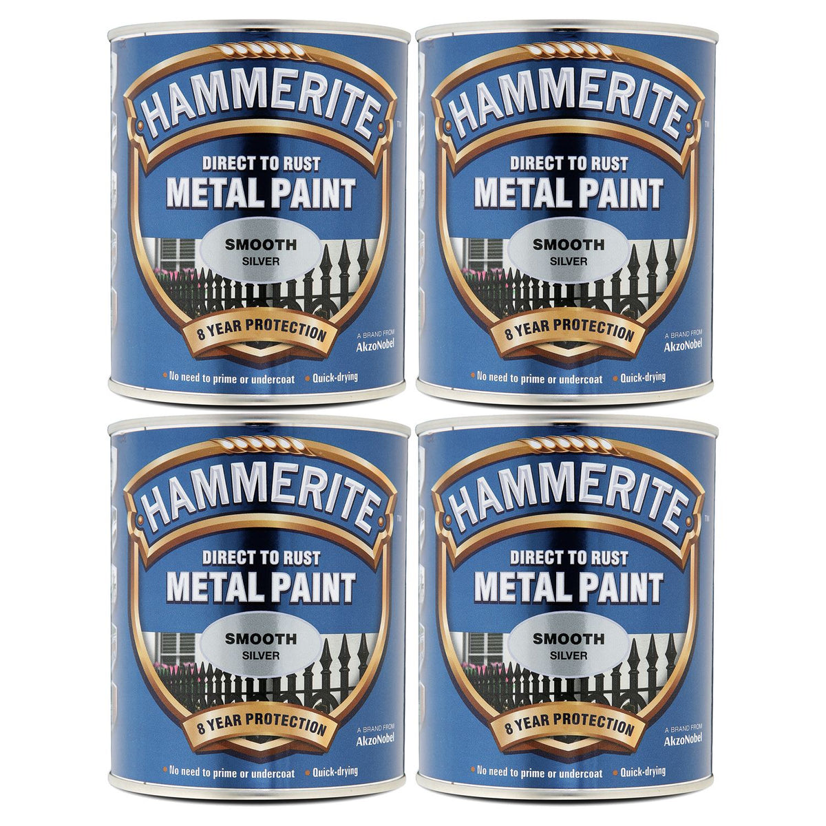 4X Hammerite Smooth Silver Paint 750ml Tin Paint