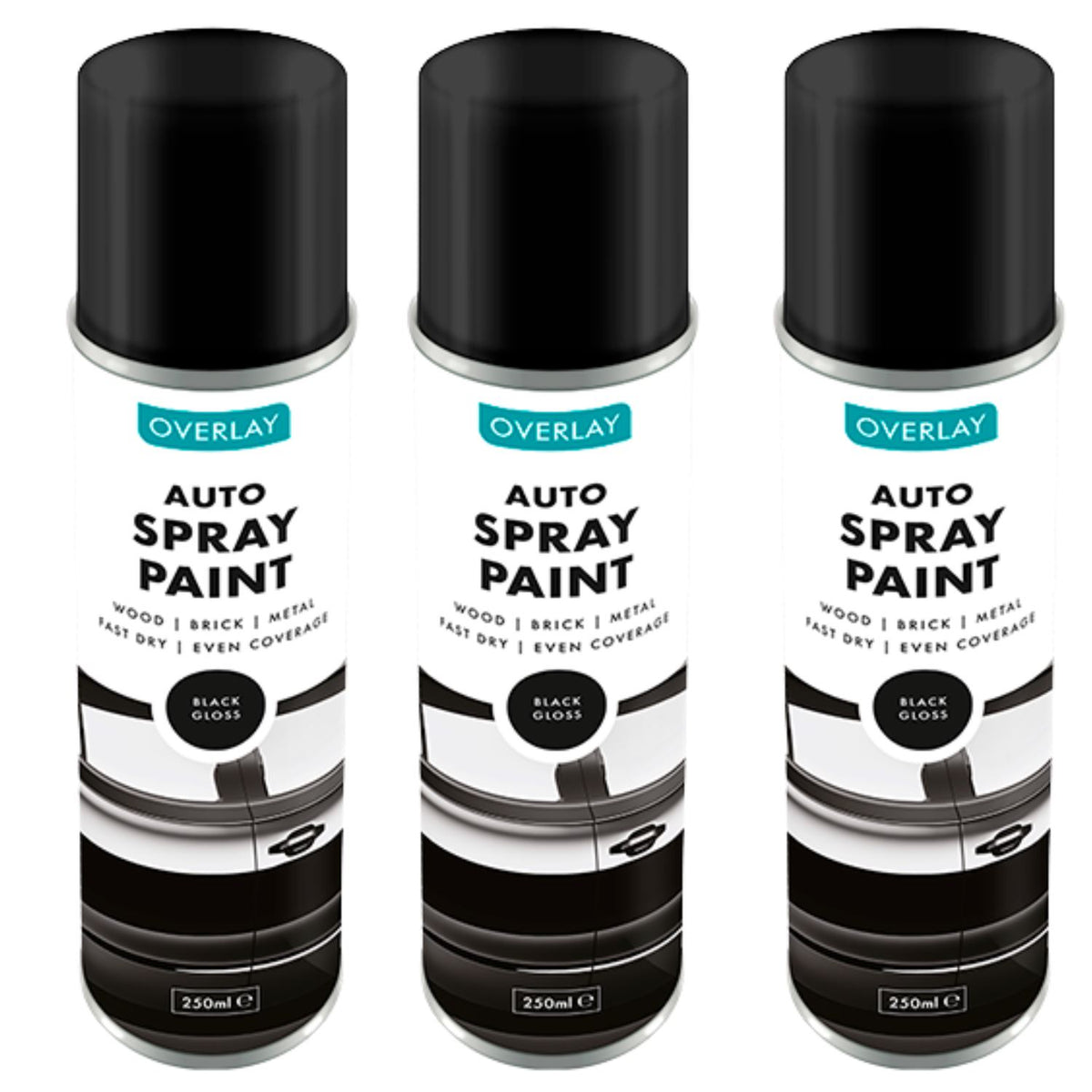 3X Overlay Gloss Black Auto Professional Spray Paint 250ml