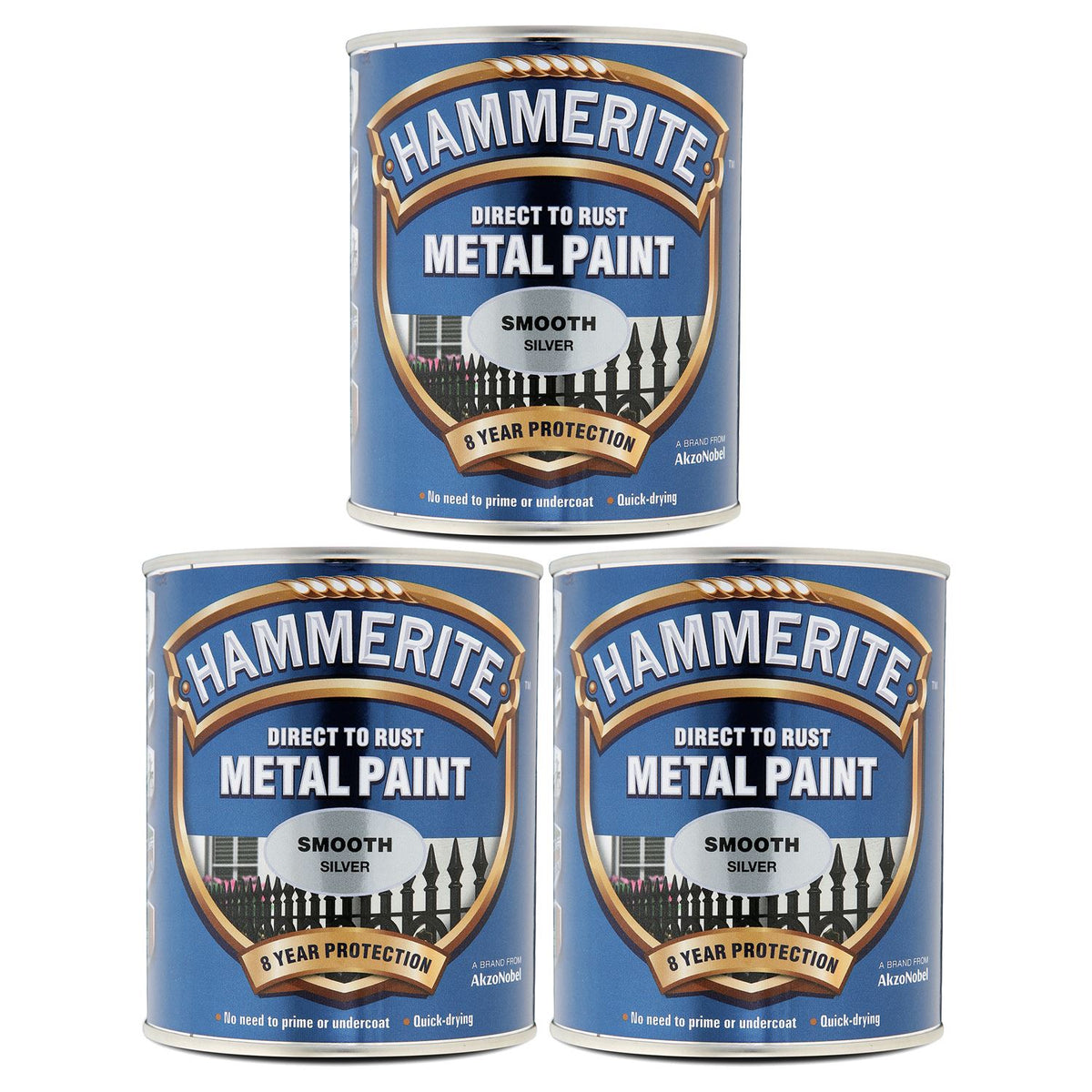 3X Hammerite Smooth Silver Paint 750ml Tin Paint